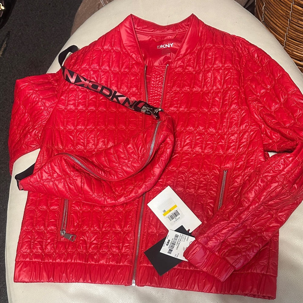 Brand new DKNY Vibrant Red Quilted Jacket and Bag Combo